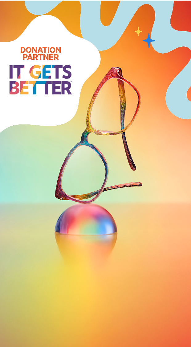 Zenni rainbow glasses on a gradient backdrop with disco ball and abstract waves,and “Show Your Pride” message about donating 100% of proceeds It Gets Better.