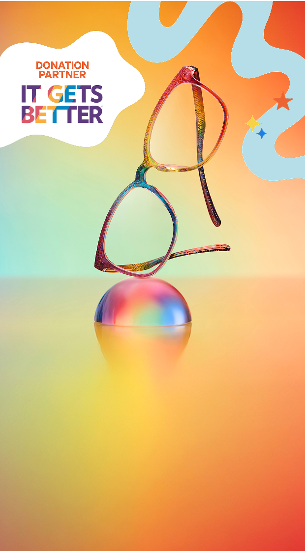 Zenni rainbow glasses on a gradient backdrop with disco ball and abstract waves,and “Show Your Pride” message about donating 100% of proceeds It Gets Better.