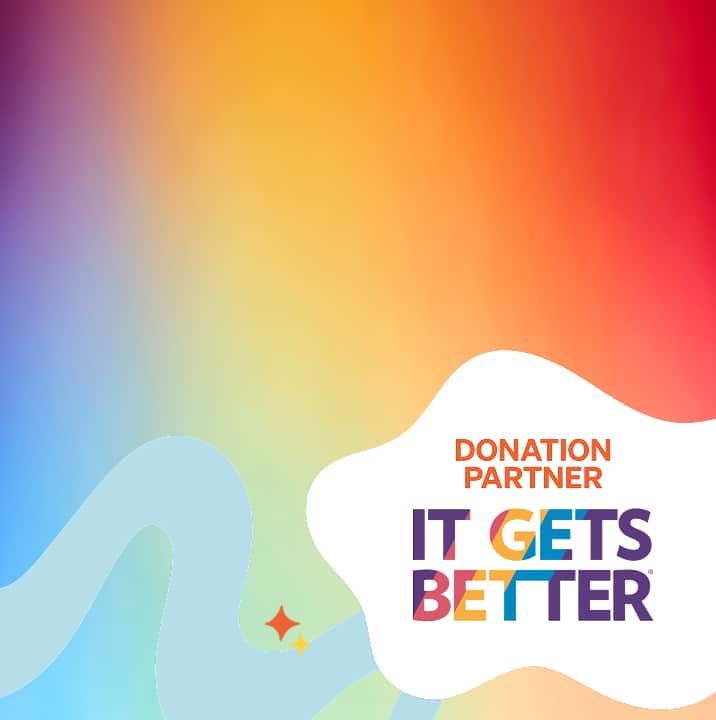 Pride with Purpose message next to It Gets Better logo, supporting LGBTQ+ youth through Pride purchases.'