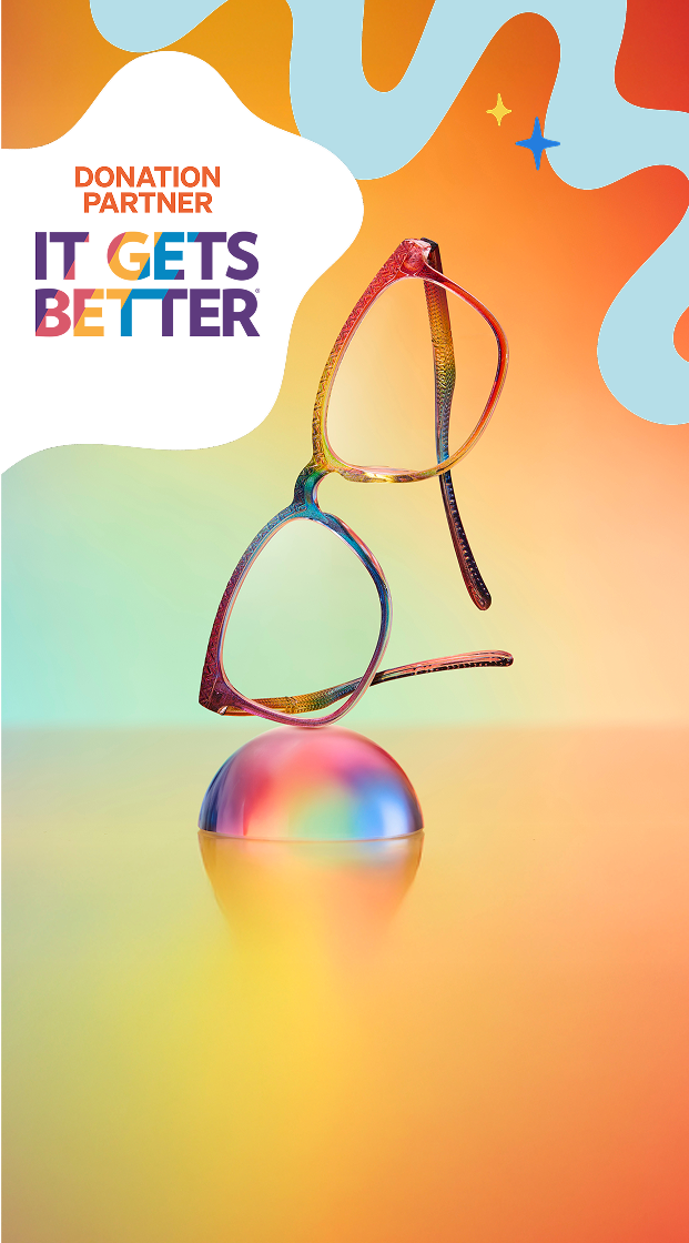 Zenni rainbow glasses on a gradient backdrop with disco ball and abstract waves,and ‘Show Your Pride’ message about donating 100% of proceeds It Gets Better.