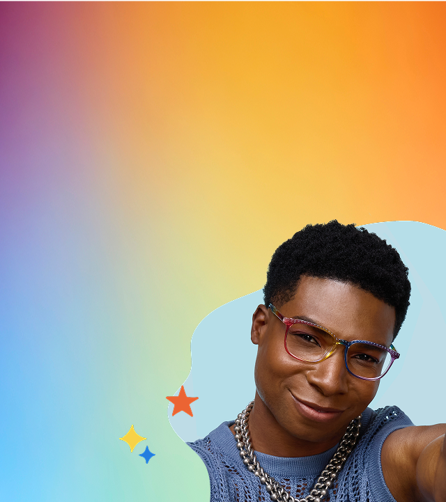 Model in Zenni rainbow frames with a gradient backdrop and abstract waves and star accents, message supporting LGBTQ+ youth.