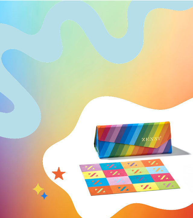 Zenni rainbow glasses case and cleaning cloth on gradient backdrop with abstract waves and star accents.