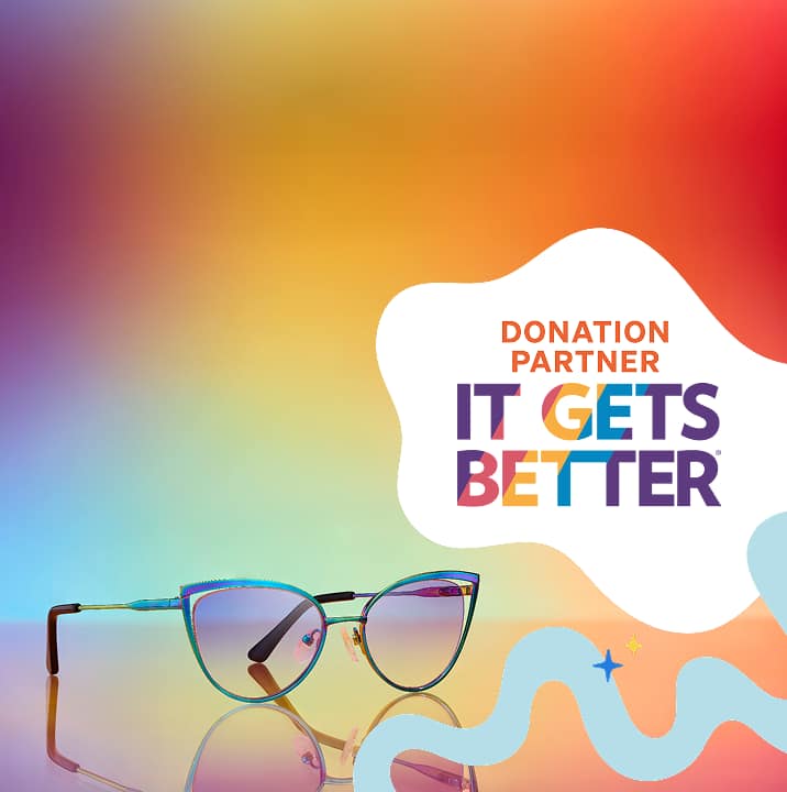 Zenni Pride Collection sunglasses on a gradient backdrop with “Loud and Proud” message to support LGBTQ+ youth with each pair.