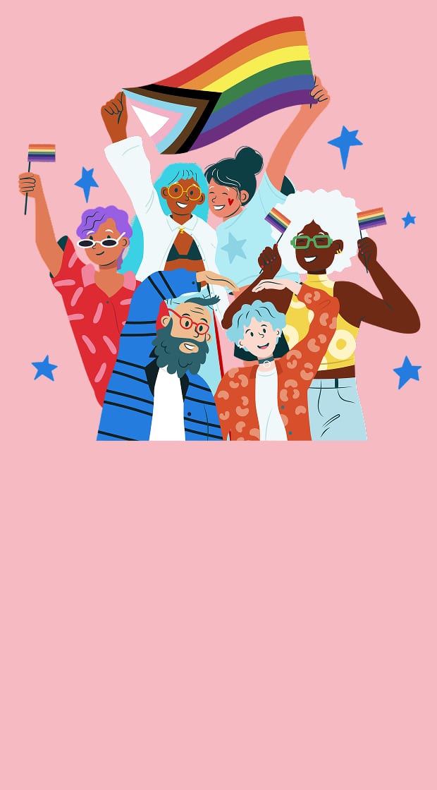 Colorful illustration of a diverse group of people celebrating Pride, waving rainbow flags and wearing stylish glasses against a pink background with blue stars.