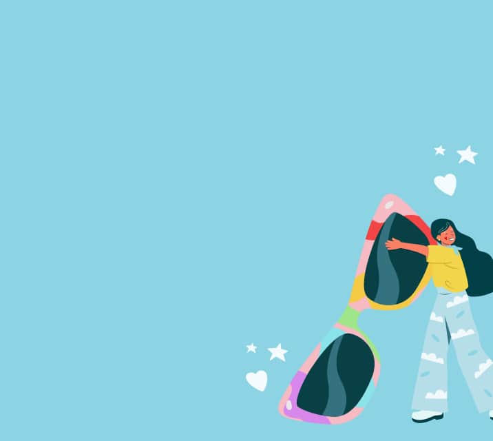 Illustration of a person hugging a giant pair of rainbow-patterned sunglasses surrounded by stars and hearts on a light blue background.