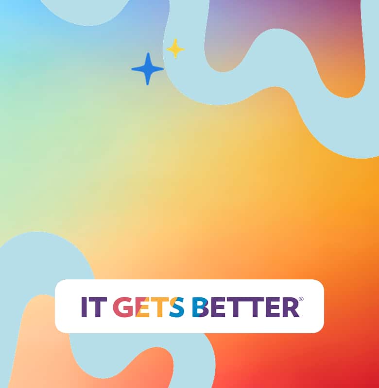 Colorful abstract background with “It Gets Better” donation partner logo.