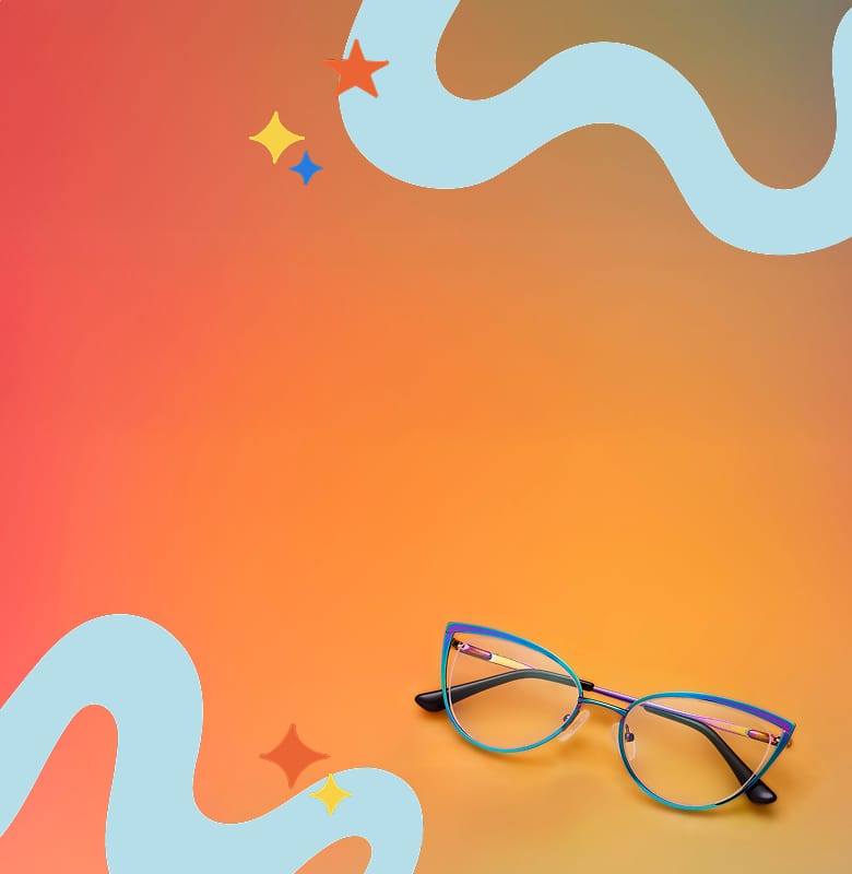 Vibrant abstract background with colorful Zenni cat-eye glasses.