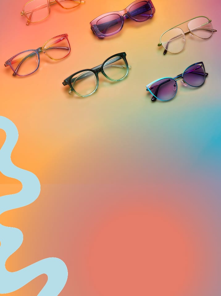 Colorful Zenni glasses from the Pride Collection arranged on a gradient background with soft rainbow tones.