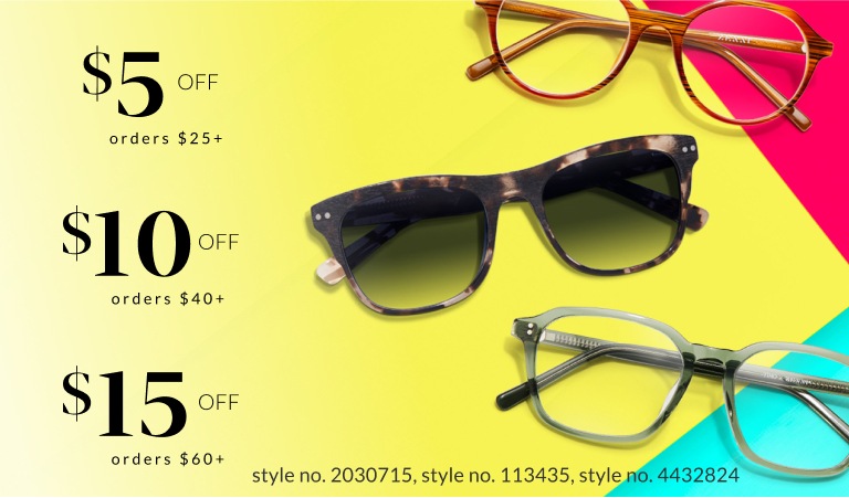 Image of Zenni brown round glasses #2030715, tortoiseshell square premium sunglasses #113435, and green square glasses #4432824 on a red, yellow, and mint green background. $5 off orders $25+, $10 off orders $40+, and $15 off orders $60+.
