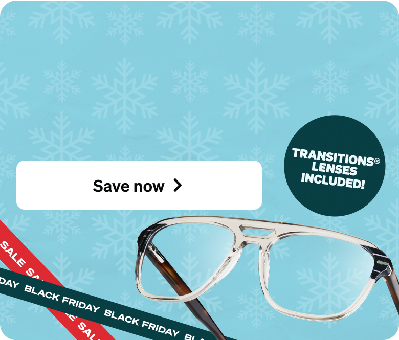 A pair of stylish translucent aviator-style glasses is displayed against a light blue background with snowflake patterns. A teal circular badge reads 'TRANSITIONS® LENSES INCLUDED!' A diagonal ribbon at the top says 'BLACK FRIDAY SALE' in alternating colors. A white button at the bottom left corner features the text 'Save now' with an arrow icon.