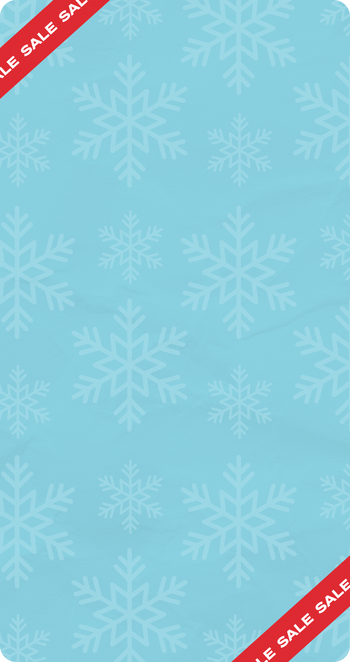 A light blue background with snowflake patterns, and diagonal ribbon at the top says 'SALE' in alternating colors.