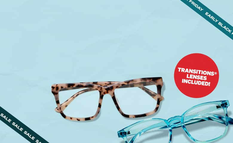 This image features two pairs of eyeglasses on a light blue textured background. The top pair is a brown tortoiseshell frame, while the bottom pair is a translucent blue frame. There is a red circular label stating 'Transitions® lenses included!' on the left side. Diagonal text along the edge reads 'Early Black Friday Sale.'