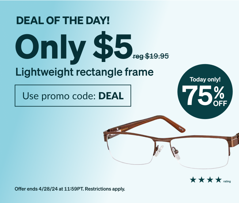 DEAL OF THE DAY! Only $6 lightweight frame. Use promo code DEAL. Brown half-rim glasses with opaque temple arms and a silver, rectangular ornament near spring hinges.