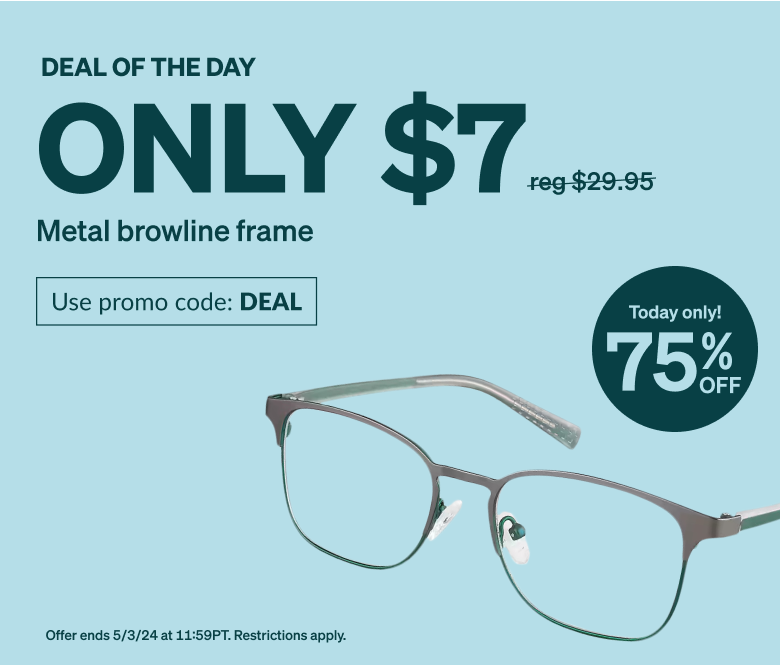 DEAL OF THE DAY! Only $7 metal browline frame. Use promo code DEAL. Gray metal square browline glasses with green accents.