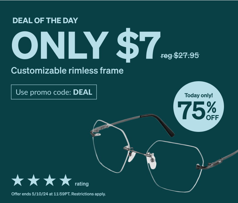 DEAL OF THE DAY! Only $7 customizable rimless frame. Use promo code DEAL. Rimless glasses with geometric lenses made from gray titanium.