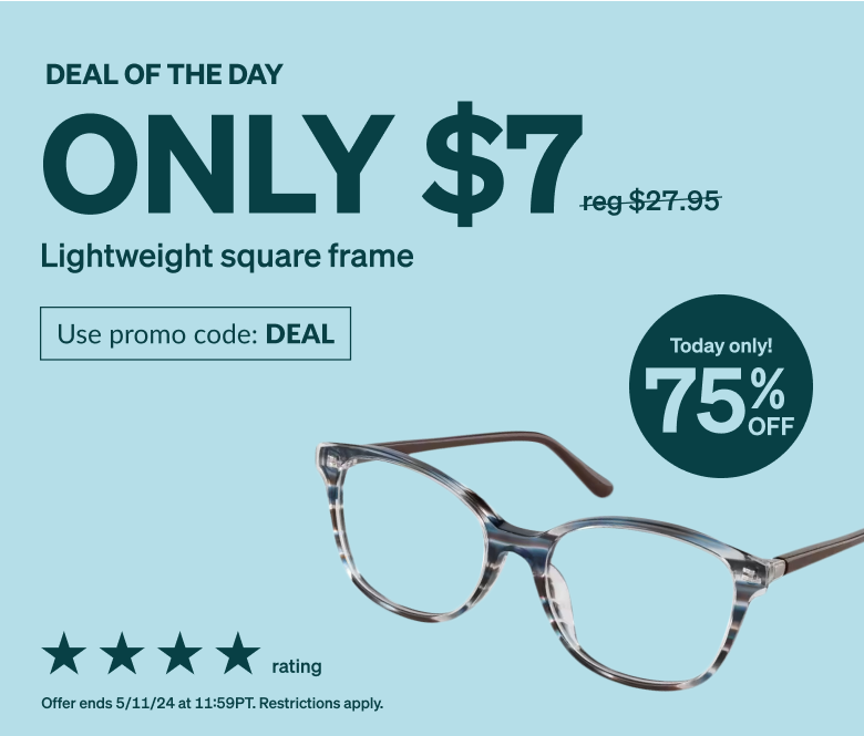 DEAL OF THE DAY! Only $7 lightweight square frame. Use promo code DEAL. Square frames made from luxe acetate in smokey topaz and ocean blue with mahogany temple arms.