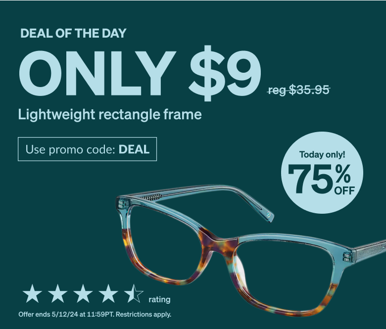 DEAL OF THE DAY! Only $9 lightweight rectangle frame. Use promo code DEAL. Tortoiseshell and slate blue rectangle glasses made from hand-polished acetate.