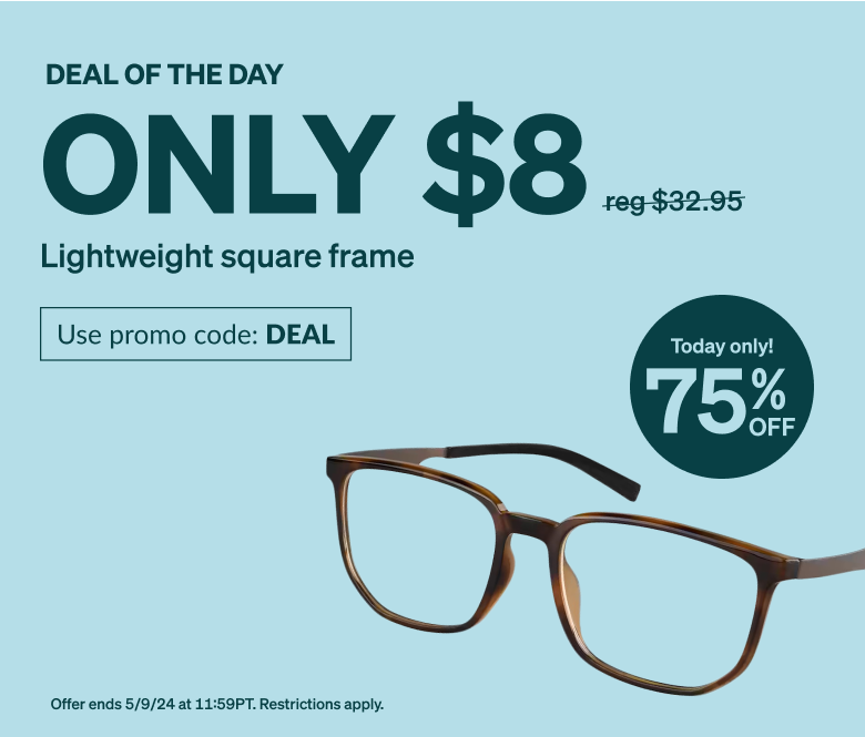 DEAL OF THE DAY! Only $8 lightweight square frame. Use promo code DEAL. Brown square tortoiseshell glasses made from TR90 plastic, designed to fit under a gaming headset.