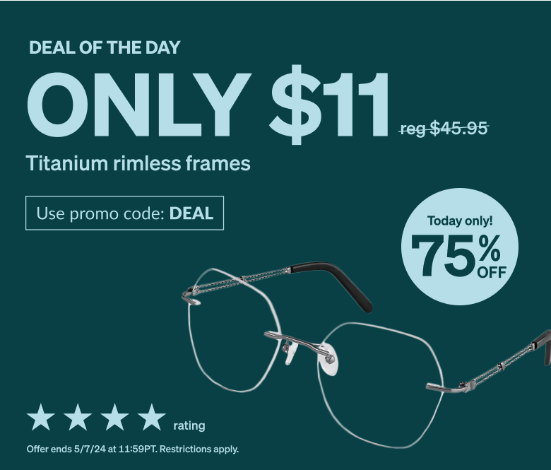 DEAL OF THE DAY! Only $11 titanium rimless frame. Use promo code DEAL. Rimless glasses with geometric lenses made from gray titanium.