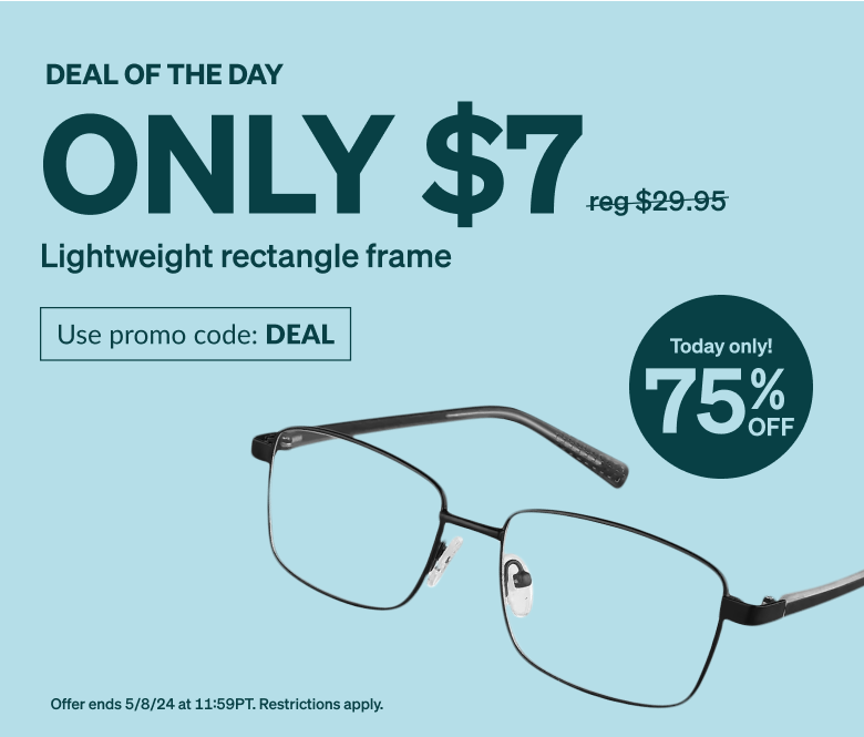 DEAL OF THE DAY! Only $7 lightweight rectangle frame. Use promo code DEAL. Black metal square frames with thin rims and plastic temple arms.