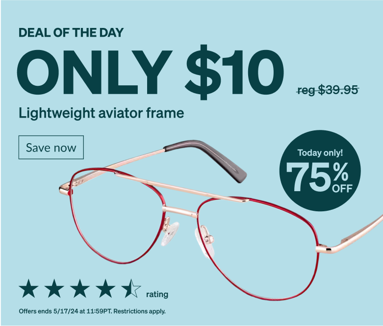DEAL OF THE DAY! Only $10 lightweight aviator frame. Today only! 75% Off. Full rim aviator glasses with a red stainless steel frame.  