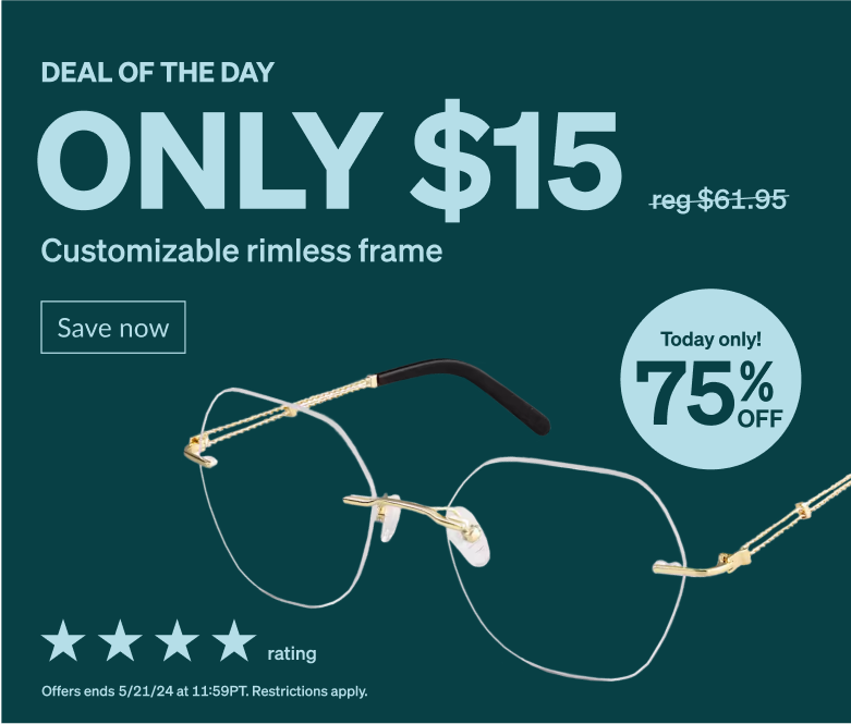 DEAL OF THE DAY! Only $15 customizable rimless frame. Today only! 75% Off. Rimless glasses with geometric shape made from gold titanium.    