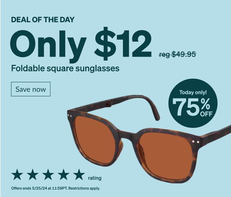 DEAL OF THE DAY! Only $12 foldable square sunglasses. Today only! 75% Off. Foldable full rim tortoiseshell square sunglasses made from plastic. 
