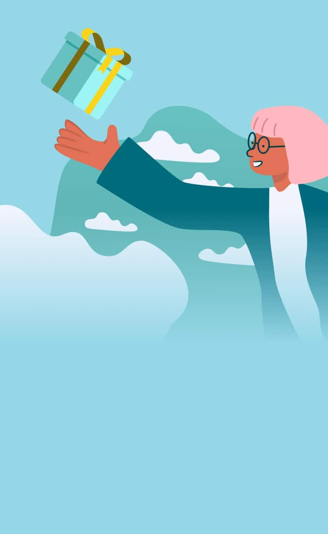 Illustration of a person reaching for a floating gift box against a sky background.