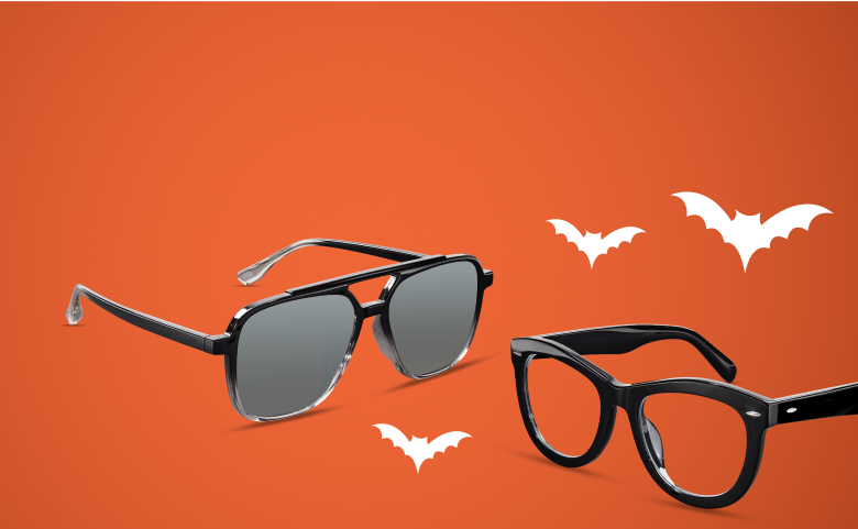 Black sunglasses and glasses on an orange background with white bats flying around, creating a Halloween-themed design.