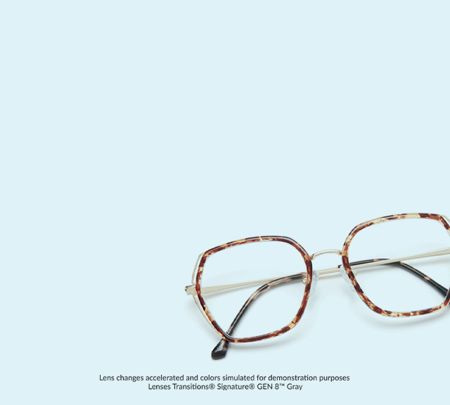 Geometric glasses with Transitions lenses that change from clear to dark.