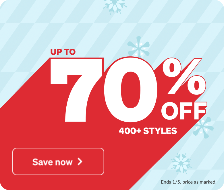 Diagonal striped background featuring light snowflake patterns. Bold red text in the foreground reads ‘UP TO 70% OFF. 400+ STYLES.’