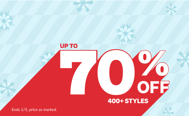 Diagonal striped background featuring light snowflake patterns. Bold red text in the foreground reads 'UP TO 70% OFF' with smaller white text below it stating ‘400+ STYLES.’