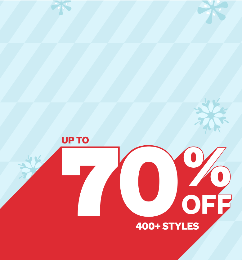 Diagonal striped background featuring light snowflake patterns. Bold red text in the foreground reads ‘UP TO 70% OFF. 400+ STYLES.’