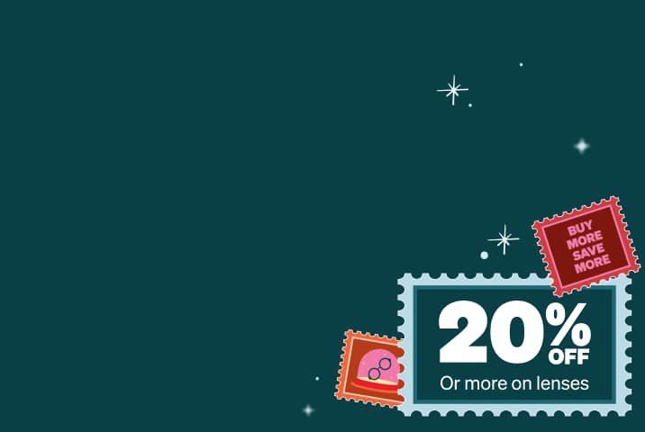 Postage stamp style frames around additional text: 20% off lenses on any orders, 25% off lenses on orders $120+, 30% off lenses on orders $160+. Buy more save more. Background is dark teal with a star motif.