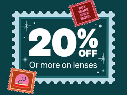 Postage stamp style frames around additional text: 20% off or more on lenses. Buy more save more. Background is dark teal with a star motif.