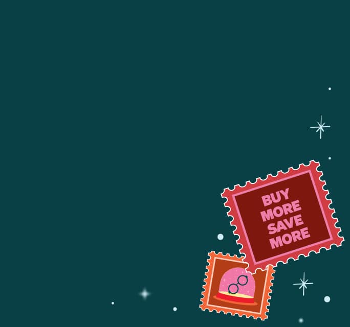 Postage stamp style frames around additional text: Buy more save more. Background is dark teal with a star motif.