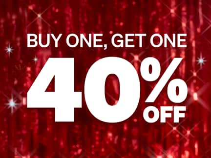 A promotional banner displays the text ‘Buy One, Get One 40% Off’ against a shimmering red background with starburst highlights.