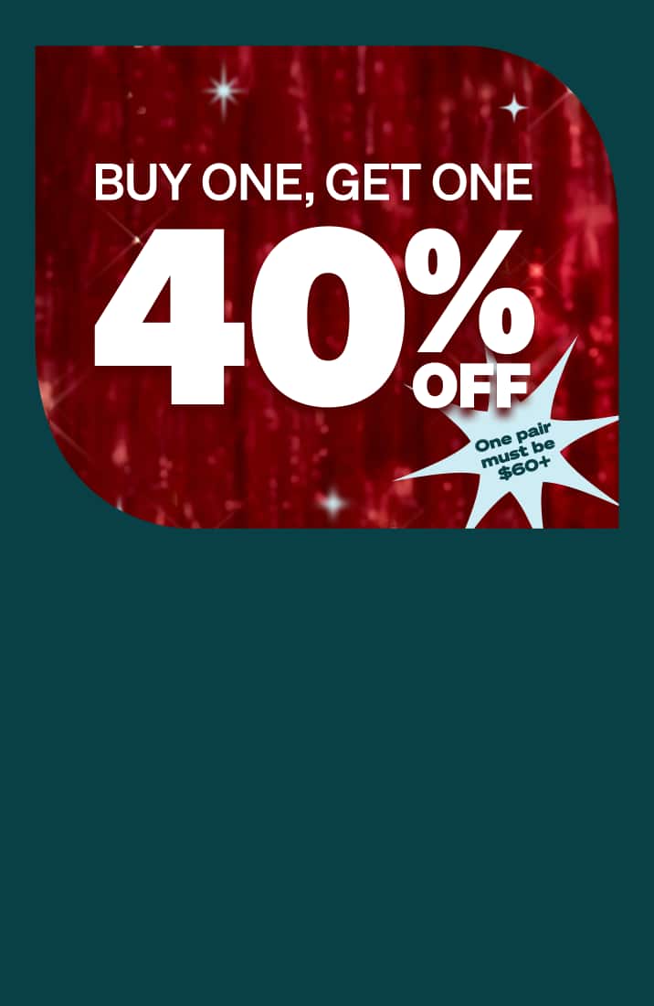 A promotional banner displays the text ‘Buy One, Get One 40% Off’ against a shimmering red background with starburst highlights. A light blue star shape on the right includes small text reading ‘One pair must be $60+’.