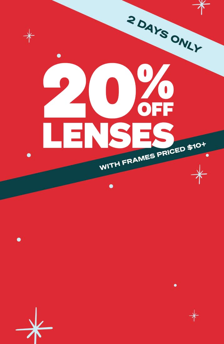 Large text reads: 20% off lenses. A dark green banner says: with frames priced $10+. A light blue banner reads: 2 days only. Red background with light blue stars.