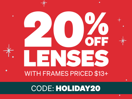 20% off lenses. With frames priced $13+. 2 days only. Red background with light blue stars.