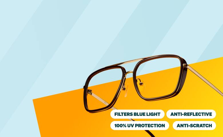 A pair of square aviator glasses is showcased against a bright yellow and blue-striped background. White text labels highlight key features, including 'Filters Blue Light', '100% UV Protection', 'Anti-Scratch" and 'Anti-Reflective'. 