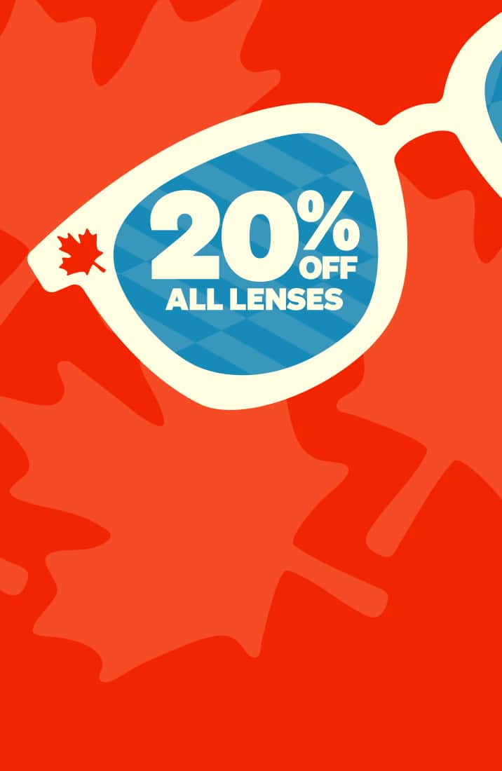 Red background with illustrated maple leaf pattern and large white eyeglass frame with 20% off all lenses.
