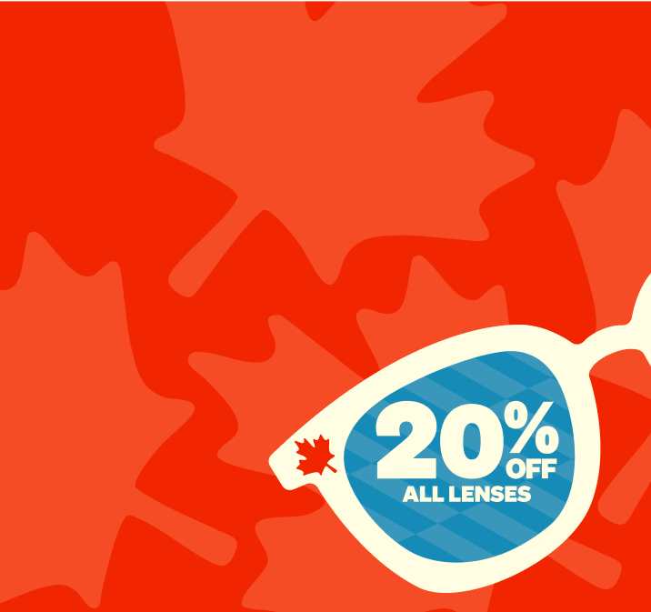 Red background with illustrated maple leaf pattern and large white eyeglass frame with 20% off all lenses.