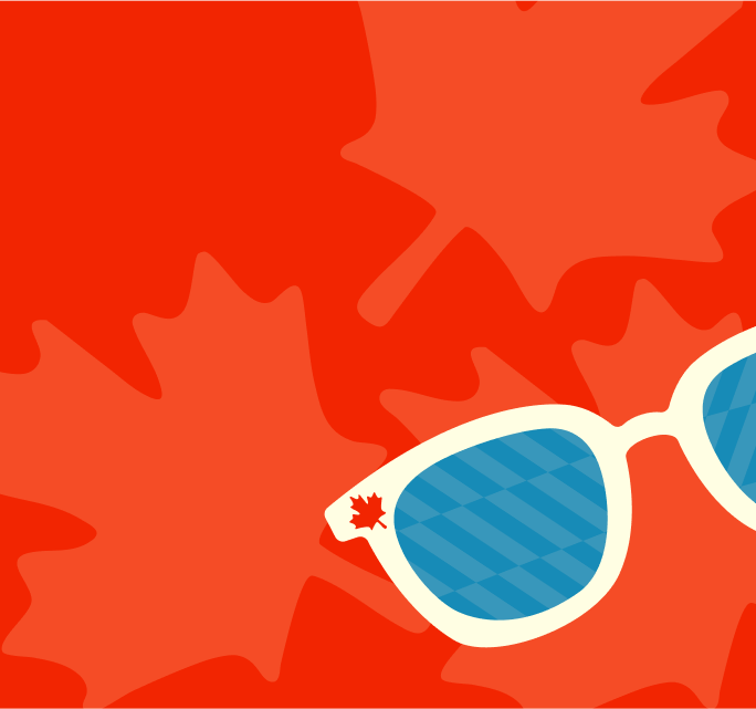 Red background with illustrated maple leaf pattern and large white eyeglass frame.