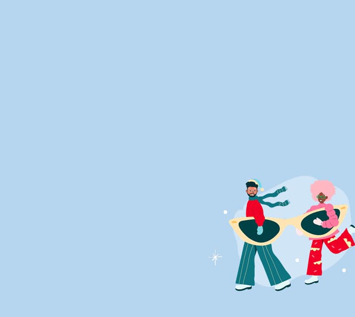 Cartoon people in winter clothes carrying a giant pair of glasses.