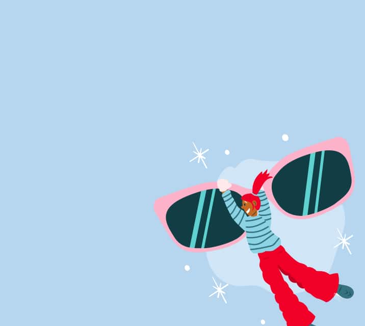 A cartoon person in winter clothes carrying a giant pair of glasses.