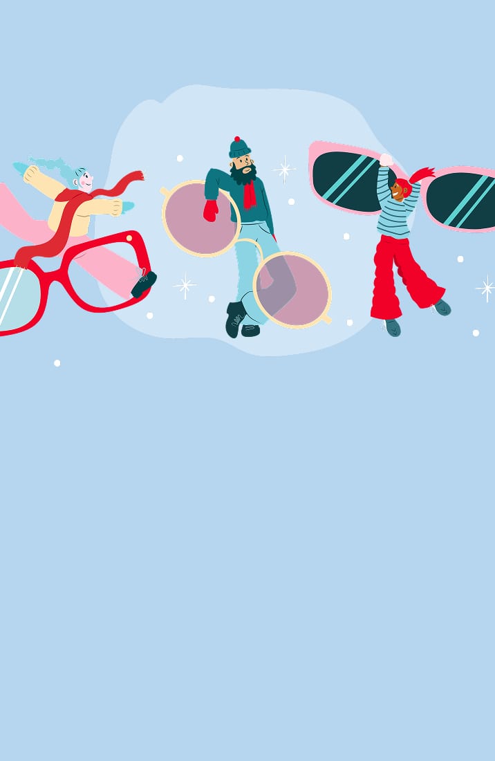 Cartoon people in winter clothes carrying a giant pair of glasses.