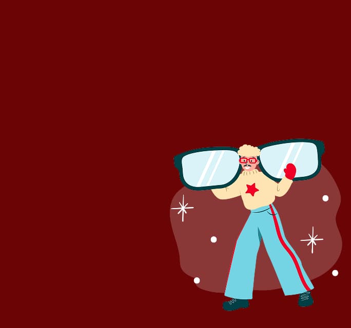 A cartoon illustration on a dark red banner. A bearded man in a blue sweater, red scarf and mittens, and a striped hat is leaning on a giant pair of round, light-rimmed glasses, with white sparkles surrounding him.