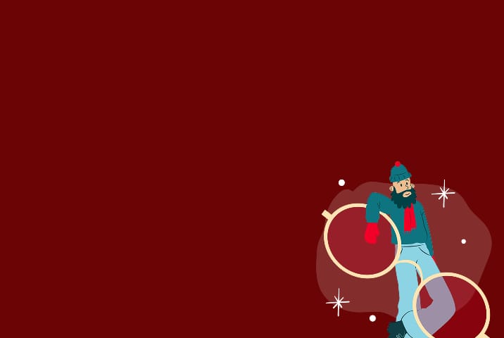 A cartoon illustration on a dark red banner. A bearded man in a blue sweater, red scarf and mittens, and a striped hat is leaning on a giant pair of round, light-rimmed glasses, with white sparkles surrounding him.