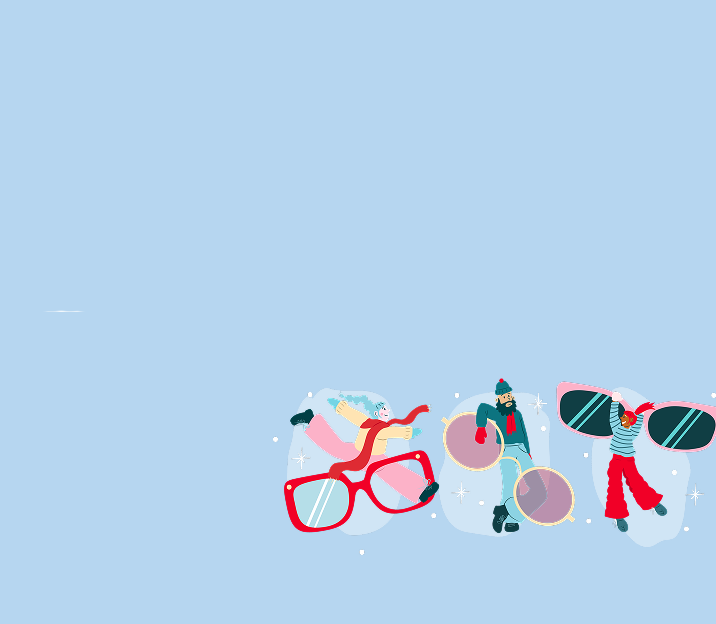Cartoon people in winter clothes carrying giant glasses and sunglasses.